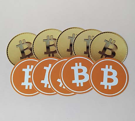 10x neue Bitcoin auf Papier ⌀ 60 mm, 4/4-farbig auf 400 g/qm Karton gedruckt; lieferbar